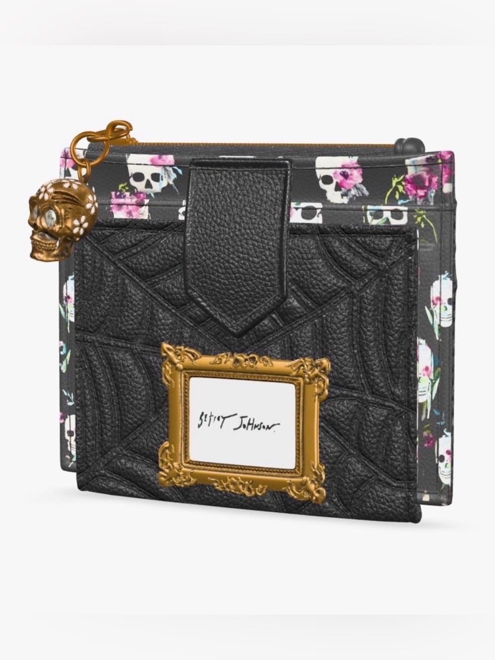 Betsey Johnson Black Floral Skull Card Holder with Gold Frame Charm